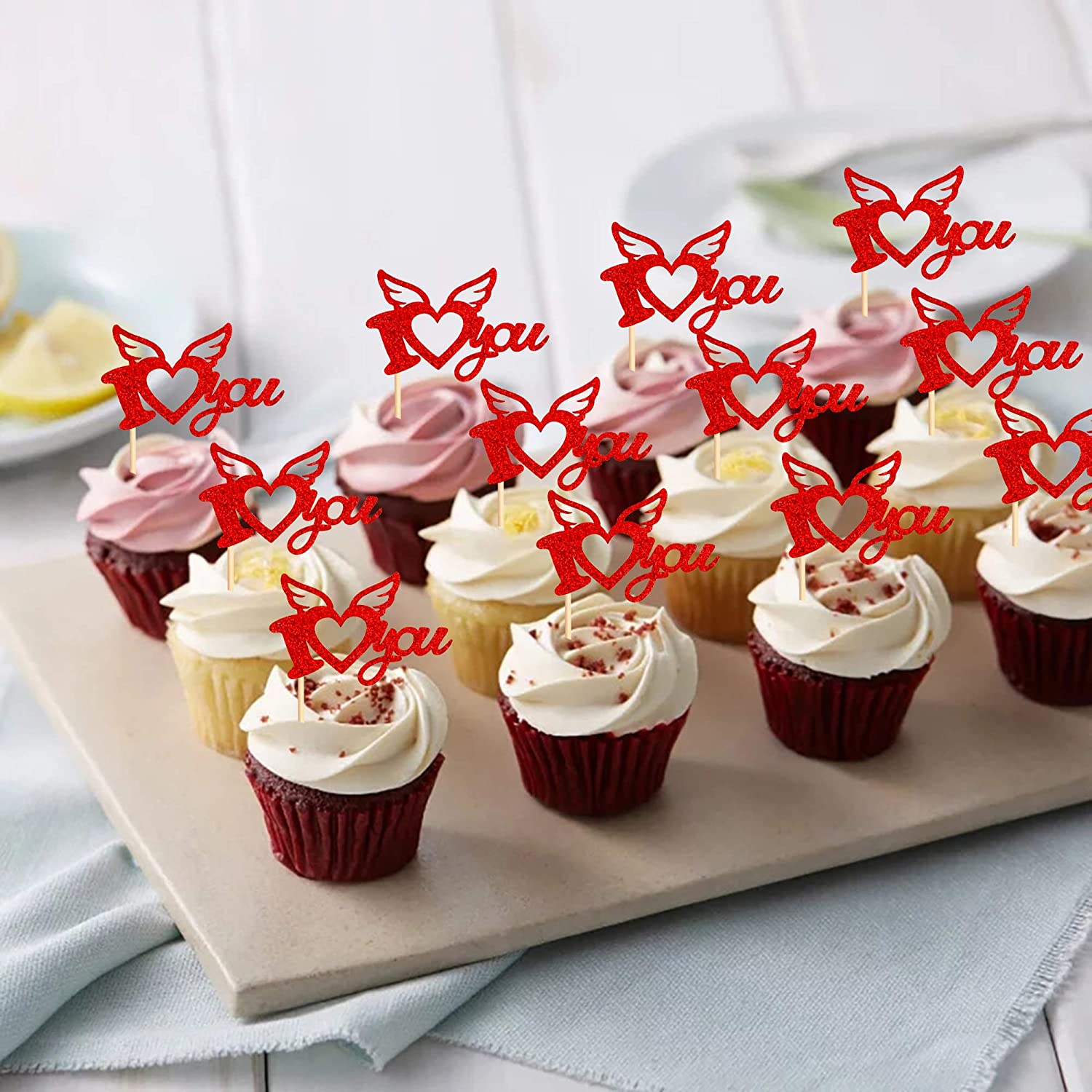 I Love You Cupcake Toppers Red Glitter Wedding Decorations
