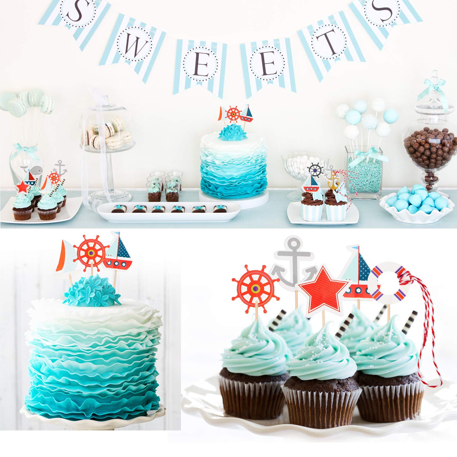Nautical Cupcake Toppers for Ocean Sailing Theme Wedding