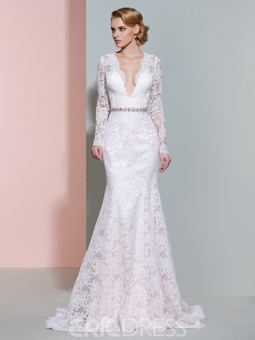 wedding dress styles, V Neck Long Sleeves Mermaid Lace Wedding Dress, mermaid wedding gown