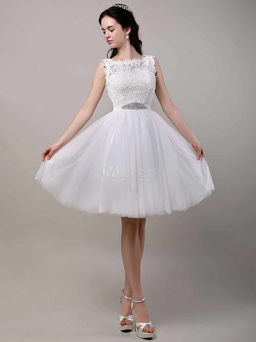 wedding dress styles, A-Line/Princess Knee-Length Lace Bodice Tulle Wedding Dress With Beading Sequins Sash, short wedding dresses