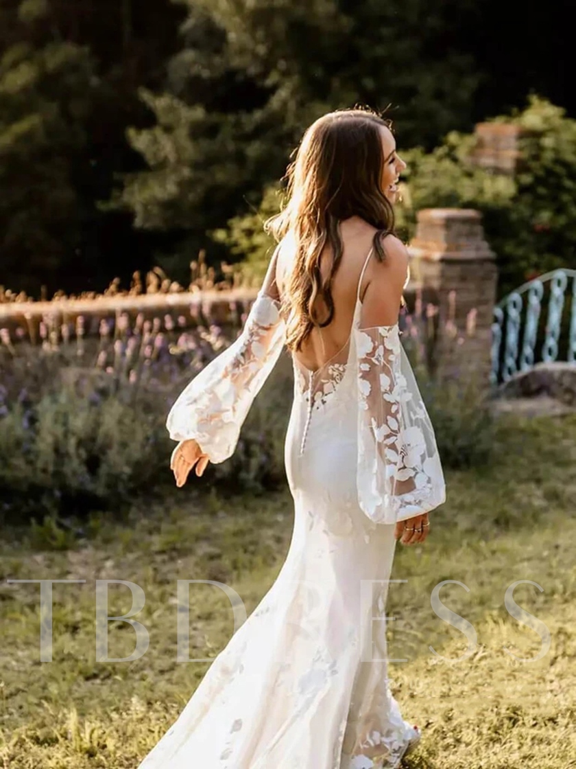 wedding dress styles, Sheath Column Sweep Brush Long Sleeves Spaghetti Straps Beach Wedding Dress, beach wedding gown