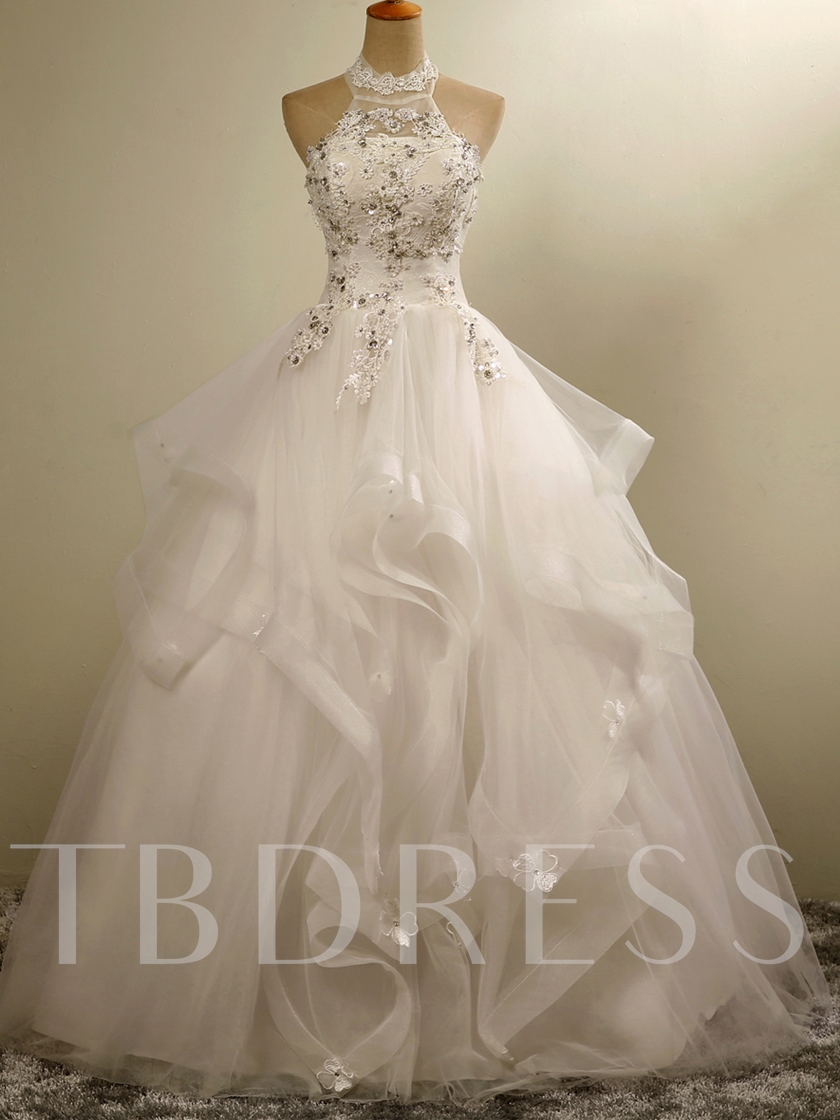 wedding dress styles, Halter Pearls Appliques Ball Gown Wedding Dress, beautiful wedding gowns