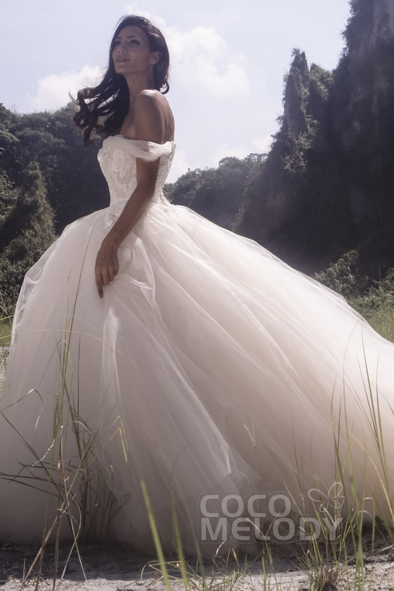 wedding dress styles, princess wedding dress, ball gown wedding dress, Beautiful Off the Shoulder Princess Court Train Satin And Tulle Wedding Dress