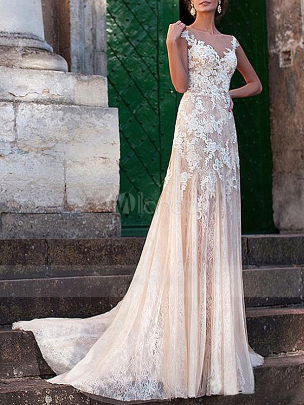 wedding dress styles, column wedding dress, sheath wedding dress, Wedding Dress Sheath V Neck Sleeveless Floor Length Lace Tulle Backless Bridal Gown With Train