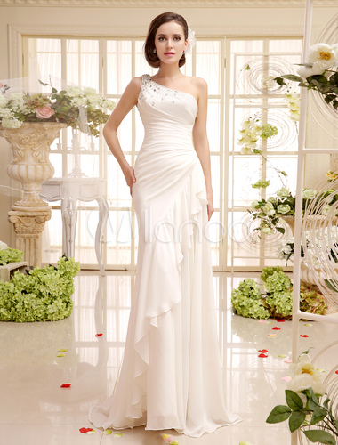 wedding dress styles, sheath wedding gown, column wedding dress, Wedding Dress For Bride With Sheath One-Shoulder Side Draping Chiffon