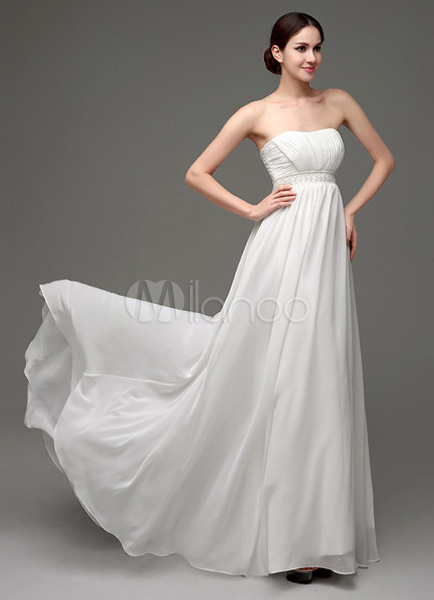 wedding dress styles, empire waist wedding dress, Strapless Chiffon A-Line Empire Waist Wedding Gown With Pearl Belt