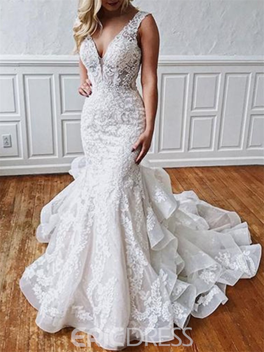 wedding dress styles, mermaid wedding dresses, Button Backless Sleeveless Appliques Mermaid Wedding Dress