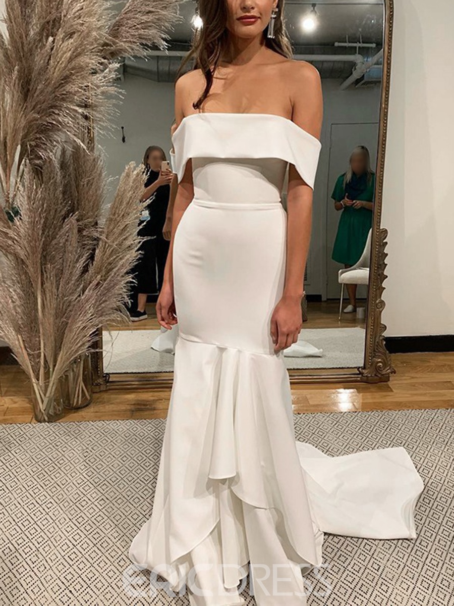 Bride wearing a unique and lovely Off-The-Shoulder Sleeveless Beach Wedding Dress