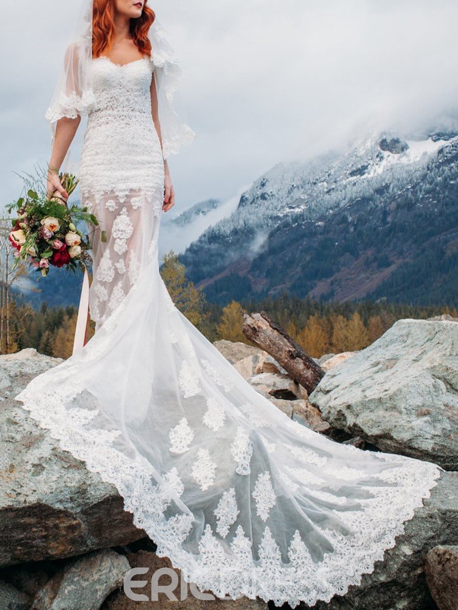 Bride wearing a stunning modern V-Neck Appliques Lace Sheath Wedding Dress