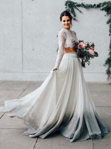 Bride wearing a modern Two Piece Grey Dyed Chiffon Wedding Dress with Long Sleeves
