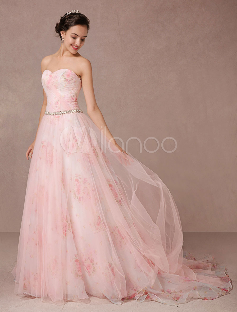 Bride Wearing a Beautiful Pink Wedding Dress Floral Prints Tulle Strapless Sweetheart Backless Dress