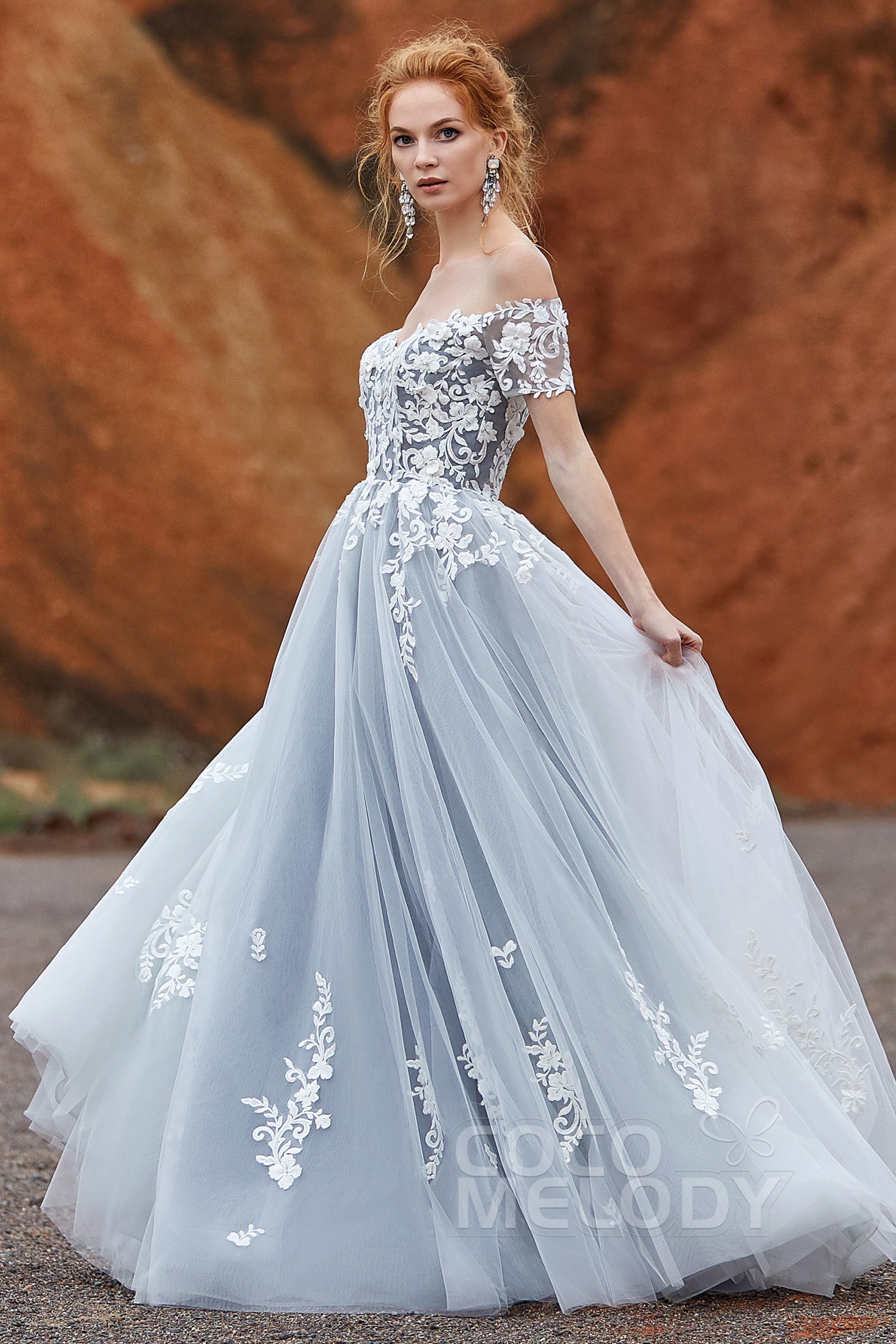 Bride wearing a Metallic Blue A-Line Sweep-Brush Train Tulle Gothic Wedding Dress