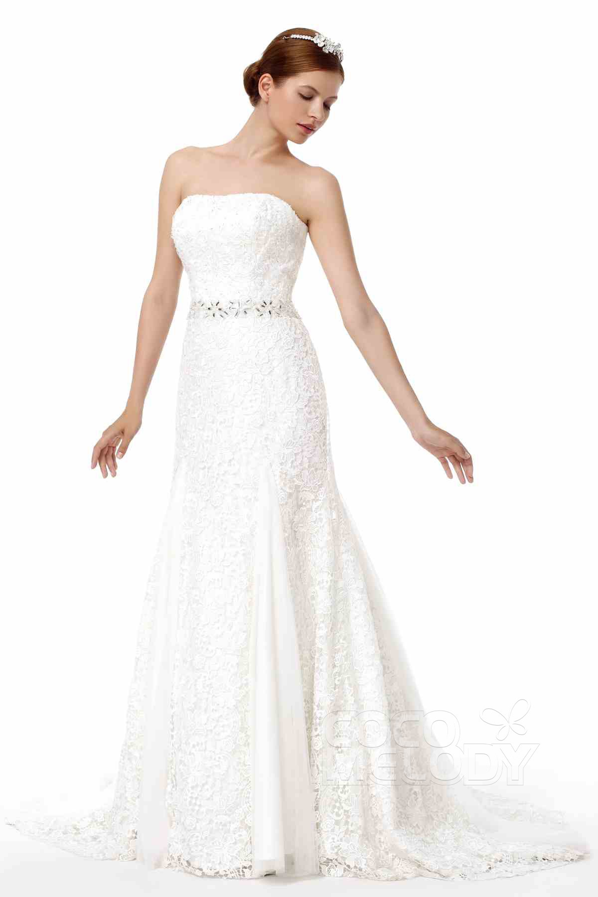 Bride wearing a Pretty Sheath-Column Court Train Lace Wedding Dress with floral accents