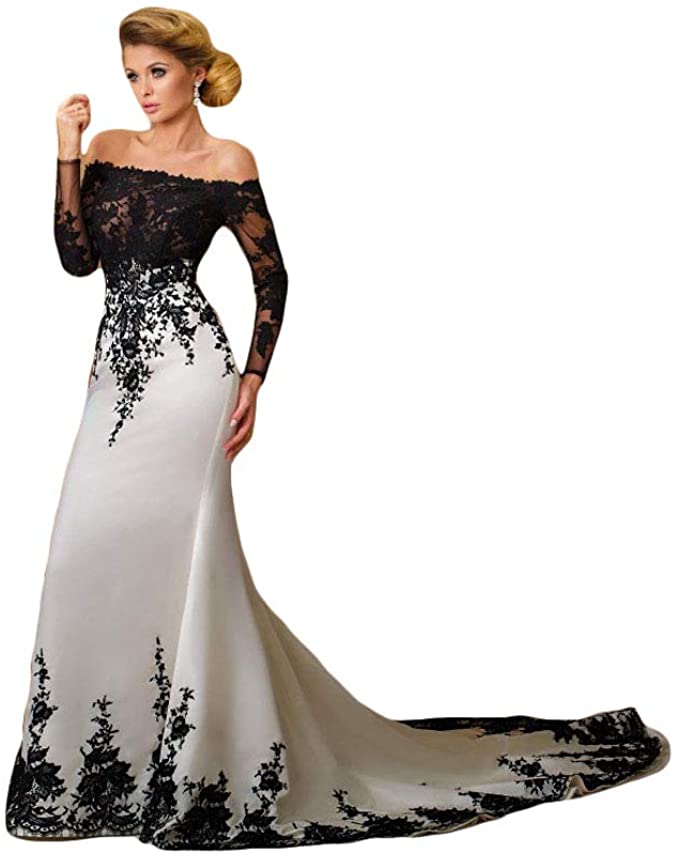 wedding dresses with color, black and white wedding dresses, Off The Shoulder Black and White Wedding Dress with Lace and Long Sleeves
