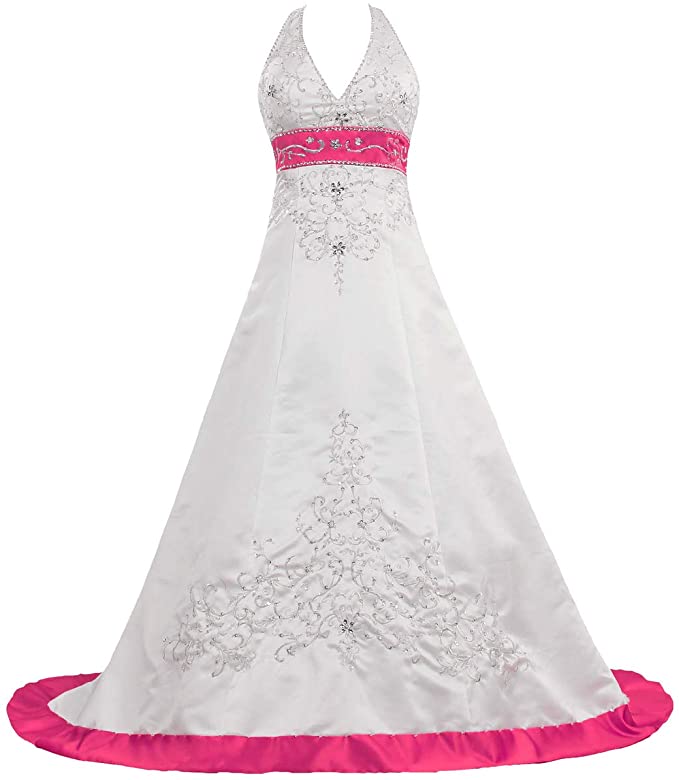 Wedding Dresses with Color, pink and white wedding dress, Halter Wedding Dresses Color Satin Bridal Gown with pink accents