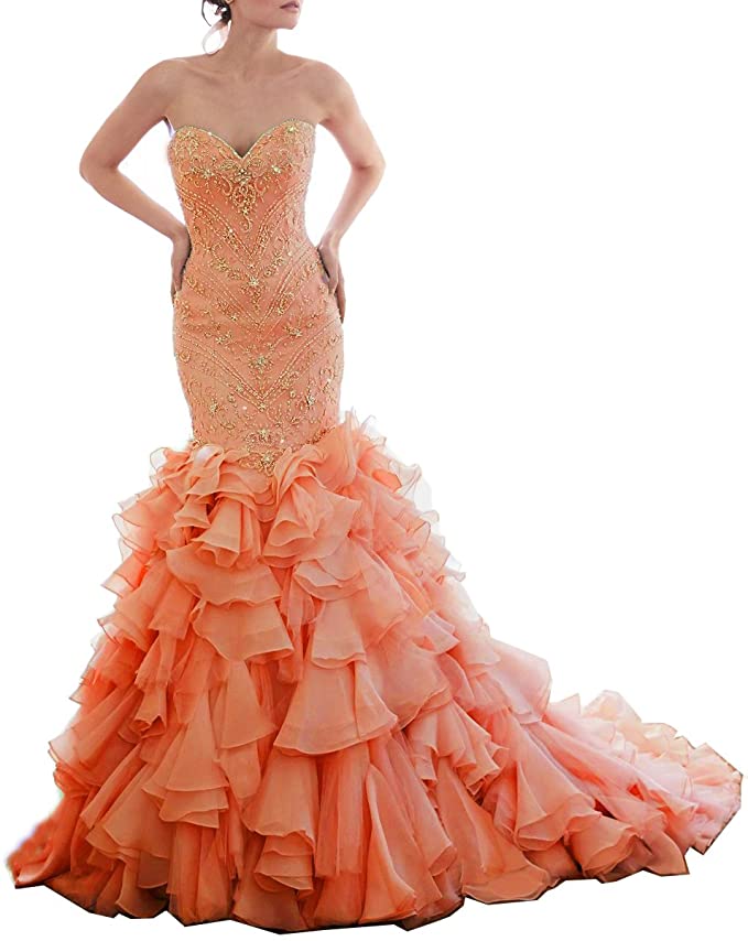 wedding dresses with color, orange wedding dresses, Beaded Mermaid Wedding Dress Sweetheart Orange Wedding Gowns