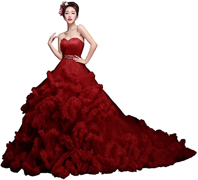 wedding dresses with color, red wedding dresses, Red Layered Tulle Beading Lace Up Belt Train Wedding Dresses