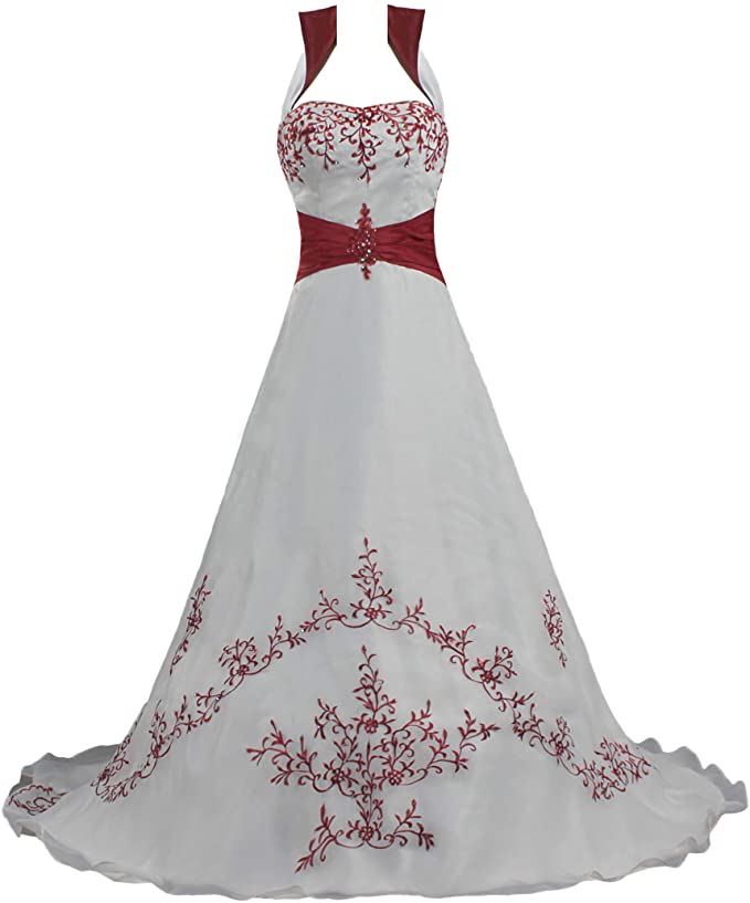 wedding dresses with color, red and white wedding dresses, red wedding dresses, Women's Detached Colar Red Embroidery Organza Wedding Dress