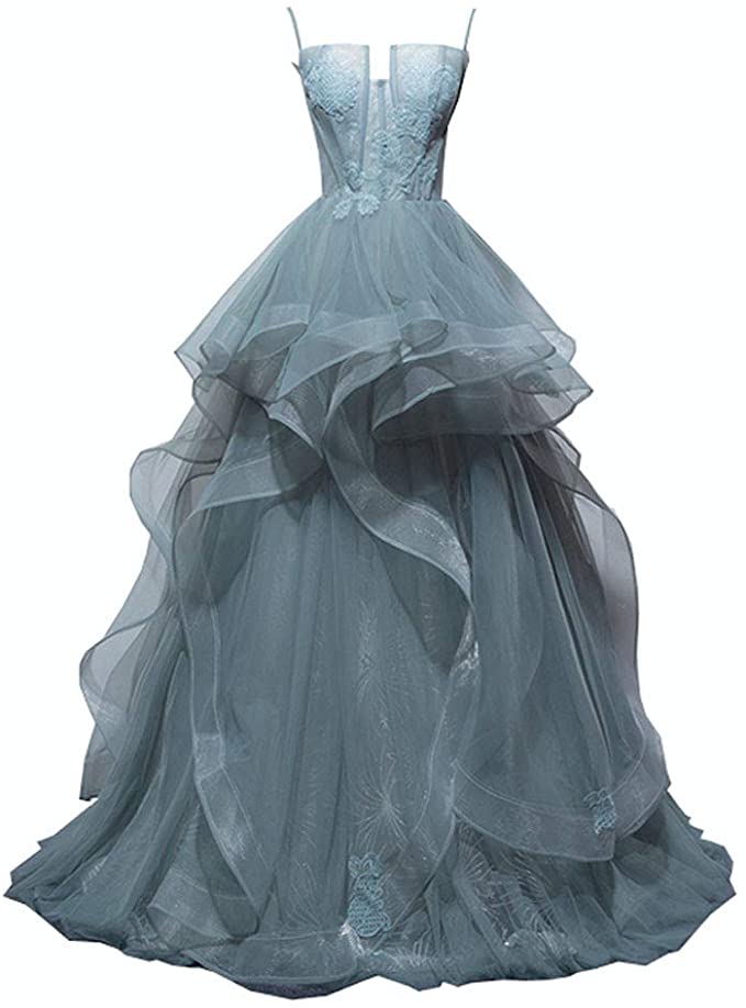 wedding dresses with color, blue wedding dresses, Blue Spaghetti Strap Wedding Ball Gown Dress with Lace