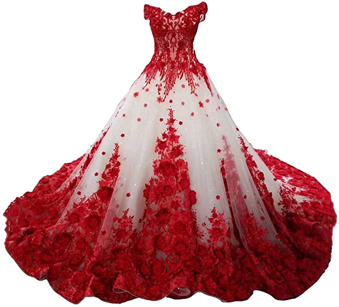 wedding dresses with color, Cathedral Train Red 3D Flowers A Line Wedding Dress Off The Shoulder, red and white wedding dress, red wedding dress