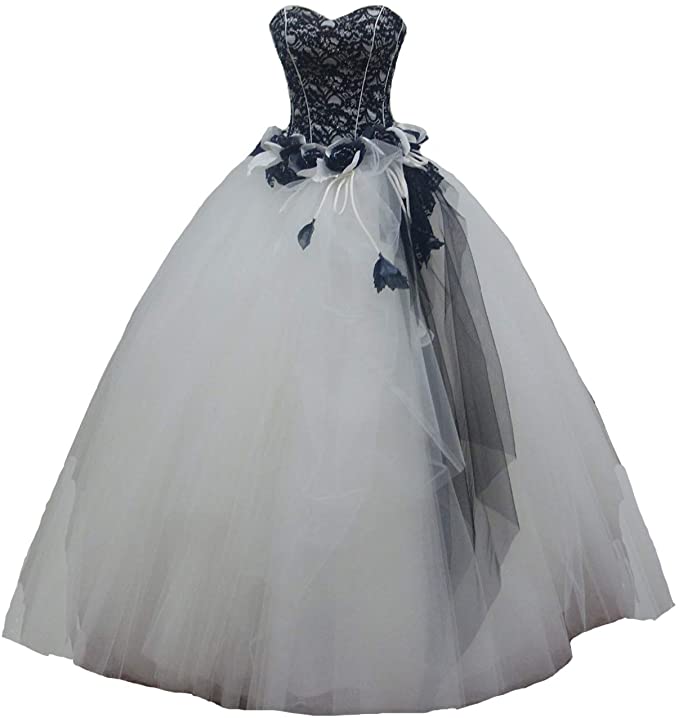 wedding dresses with color, black and white wedding dresses, Long Gothic White And Black Lace Beaded  Wedding Dresses
