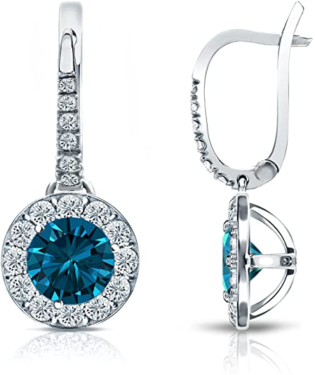 Platinum Dangle Halo Round Blue Diamond Earrings