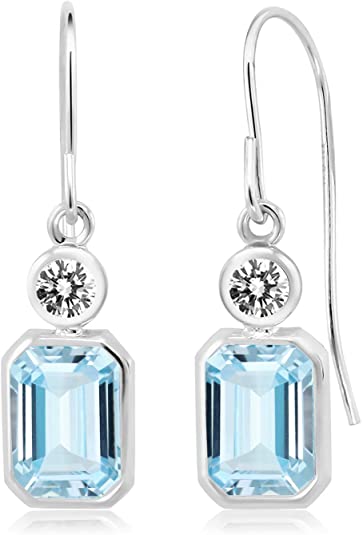 Gem Stone King 1.80 Ct Octagon Sky Blue Aquamarine White Diamond 925 Sterling Silver Earrings