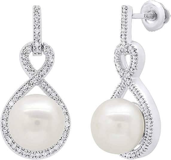 Round White Freshwater Pearl & Diamond Ladies Infinity Drop Earrings