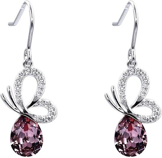 butterfly and purple crystal Drop Earrings