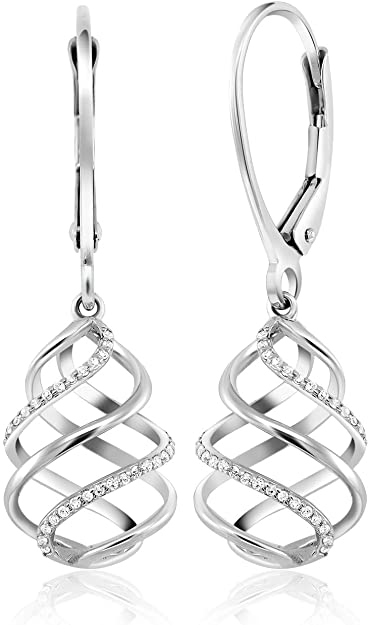10K Solid White Gold White Diamond Swirl Dangle Earrings