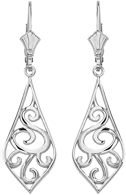 Solid 14k White Gold Filigree Rattan & Leaf Design Dangle Earrings