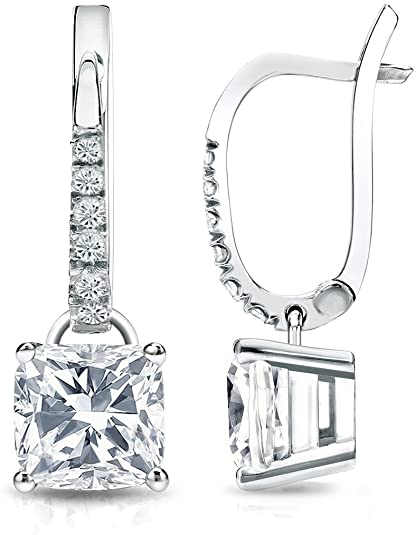 18k White Gold Cushion Diamond Earrings Dangle 4-Prong Basket