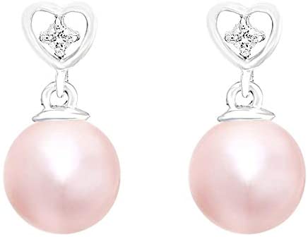 14K White Gold Diamond-Accented Freshwater Cultured Pearl Heart Earrings