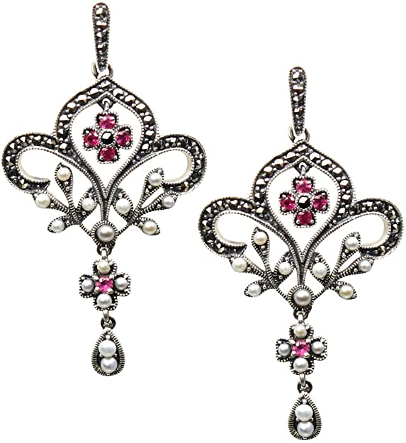 Fleur-de-lis Ruby Cultured Seed Pearl Sterling Silver Earrings