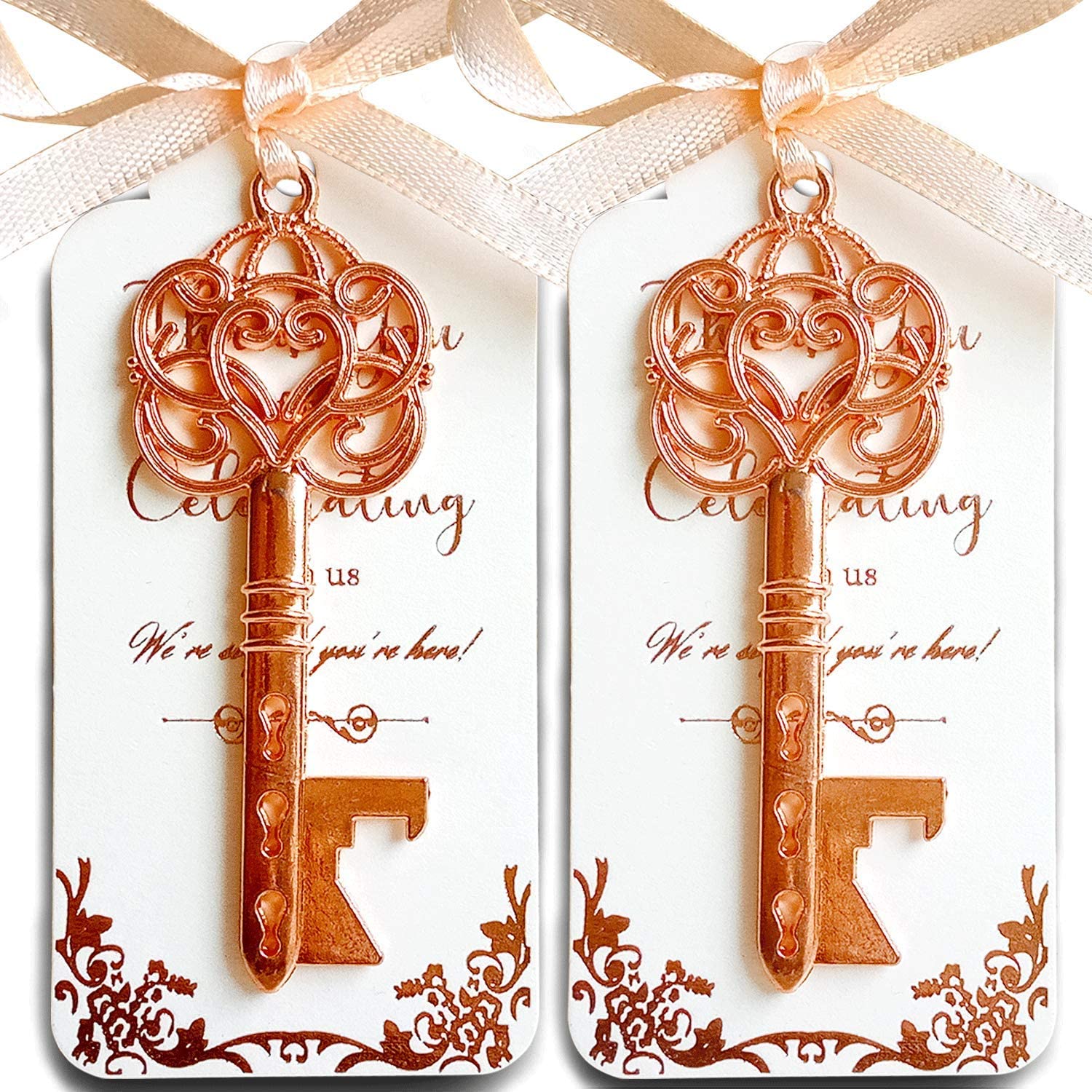 25 Rose Gold Skeleton Key Bottle Opener Wedding Favor with Tag