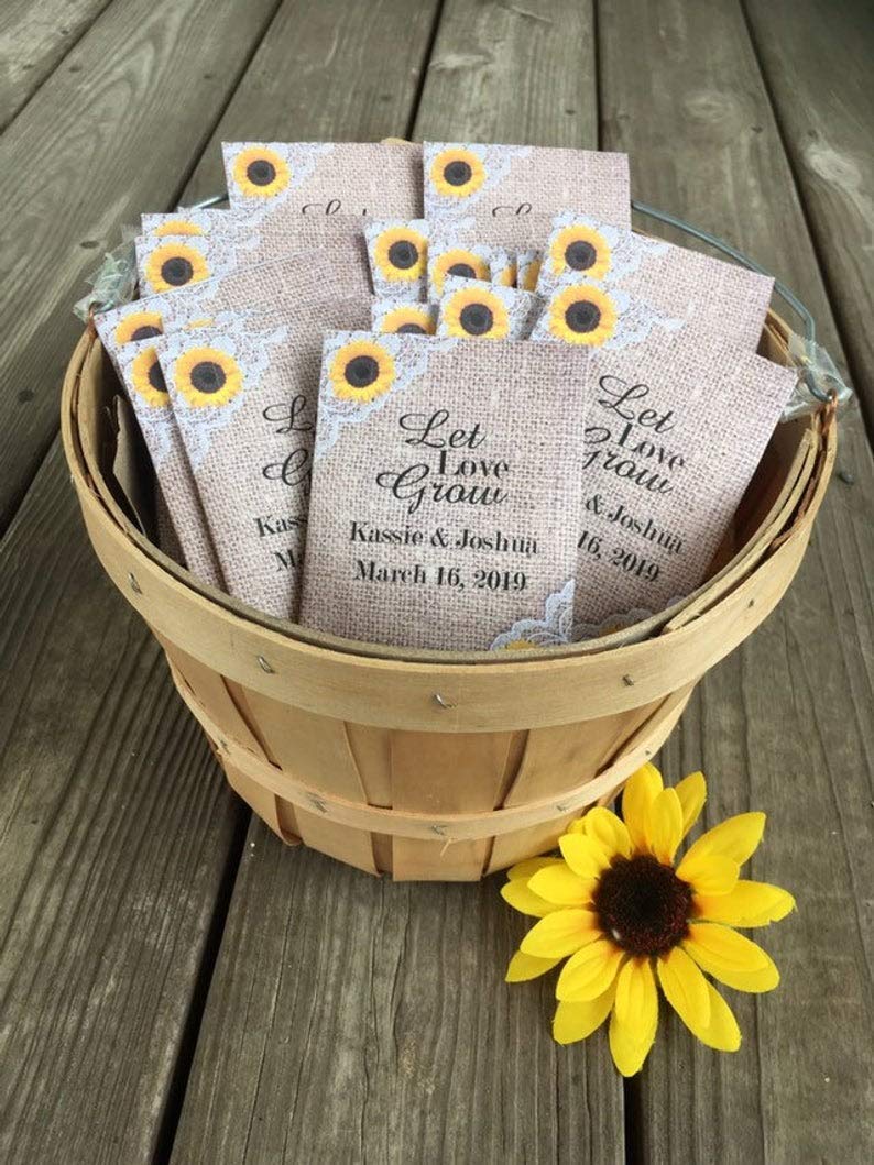 burlap and lace wedding seed packet favors with sunflowers
