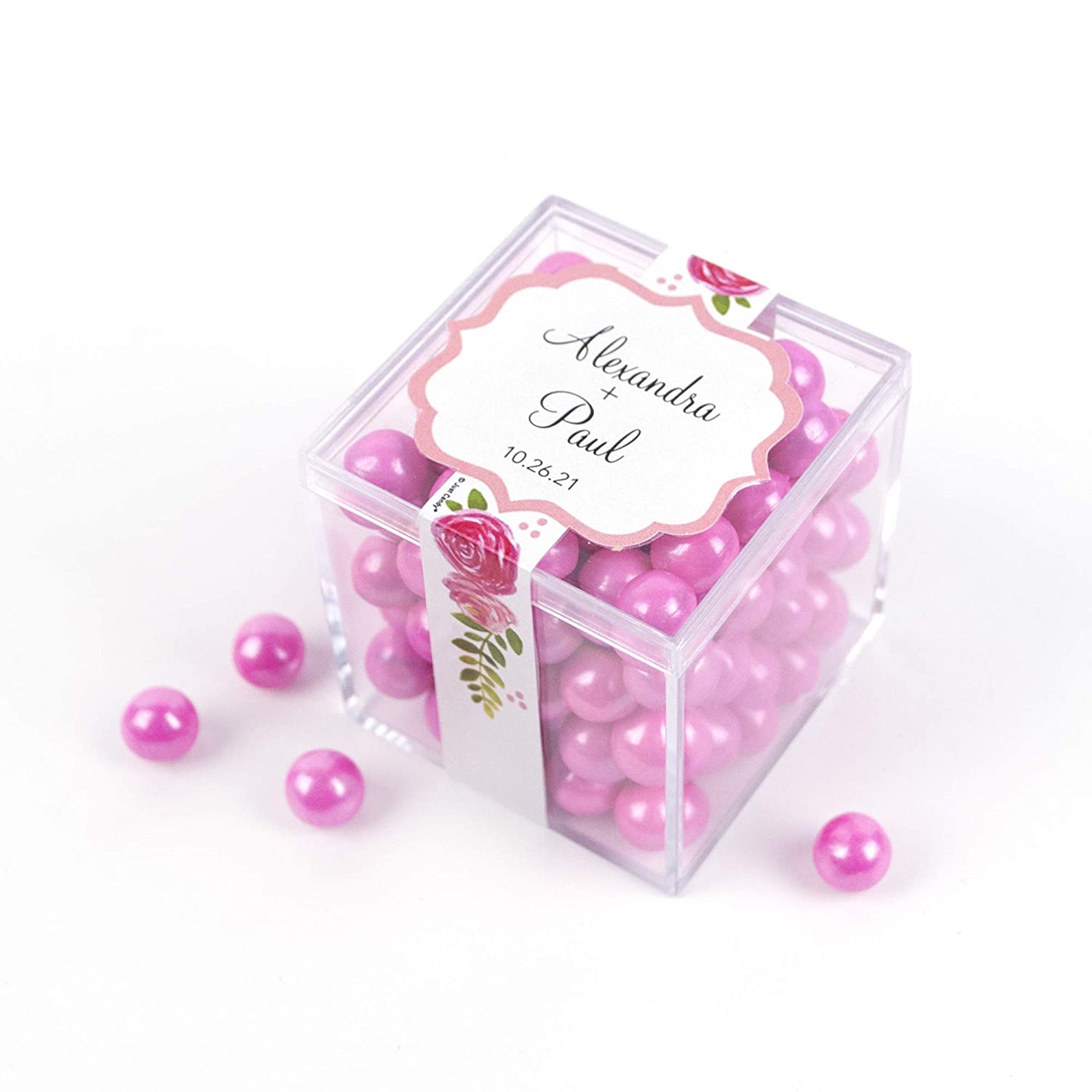 12 Pack - Personalized Candy Wedding Cube With Pink Chocolate Candies Favors
