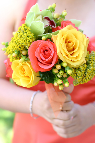 beautiful yellow, coral and green Spring Wedding Bouquet