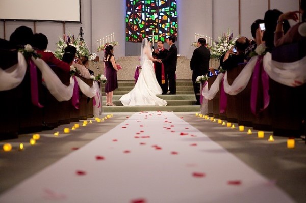 Wedding Aisle with scattered pink flower petals