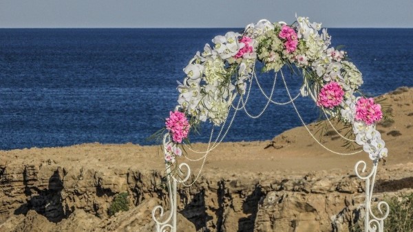 Gorgeous Pink, White and Green Wedding Arch on the Beach