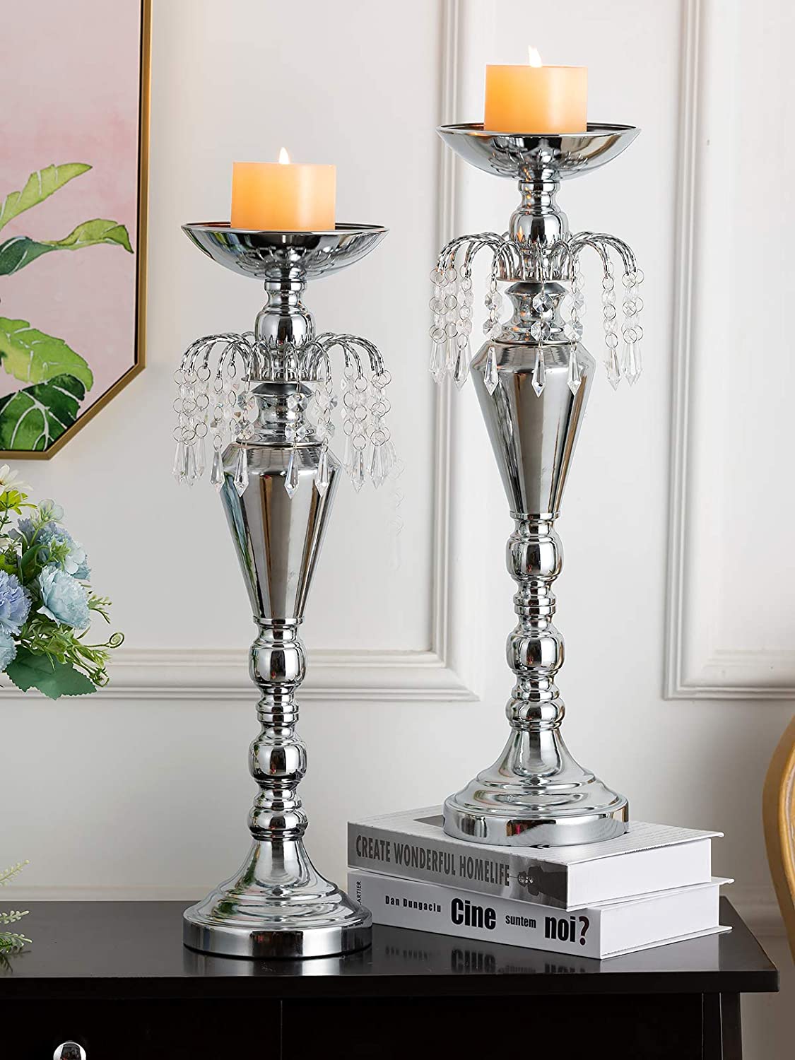 Silver and Crystal Wedding Centerpieces Vase & Pillar Candle Holder 52.5cm Height for Weddings