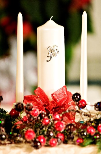 Festive Unity Candle For Wedding, Decorated with red glitter berries, perfect for a holiday wedding