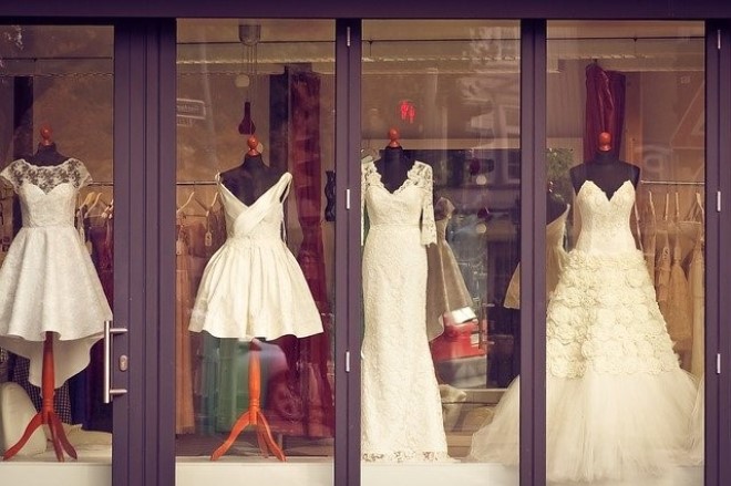 bridal dresses in a window display