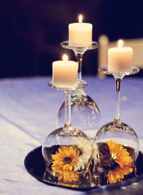 Modern Candle and Floral Wedding Centerpiece - Using Upside Down Wine Glass as a candle folder and Flower globe