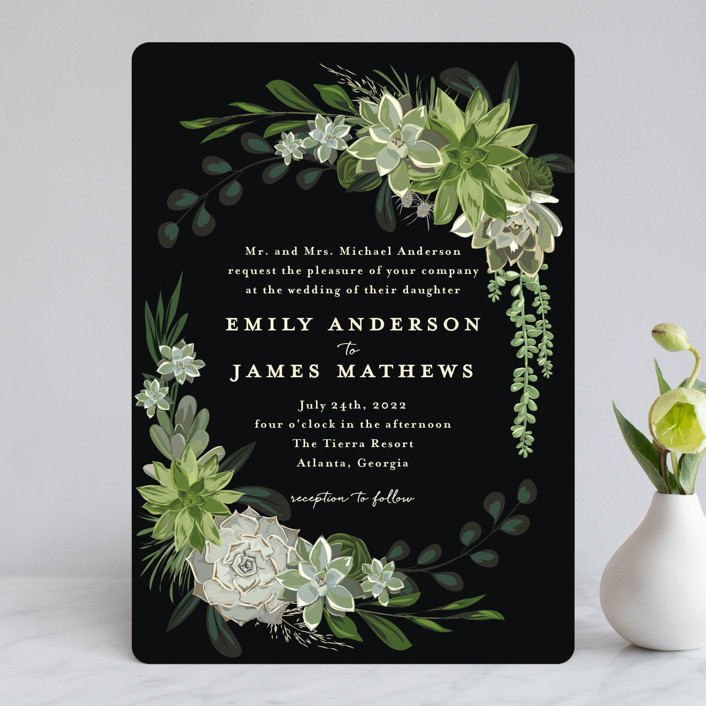 wedding invitations, black floral wedding invitations, Green and White Floral Wedding Invitation on Black