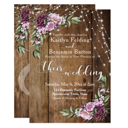 wedding invitations, floral wedding invitations, Lights & Pink Peonies Bouquet, Rustic Wood Wedding Invitation, peony wedding invitation