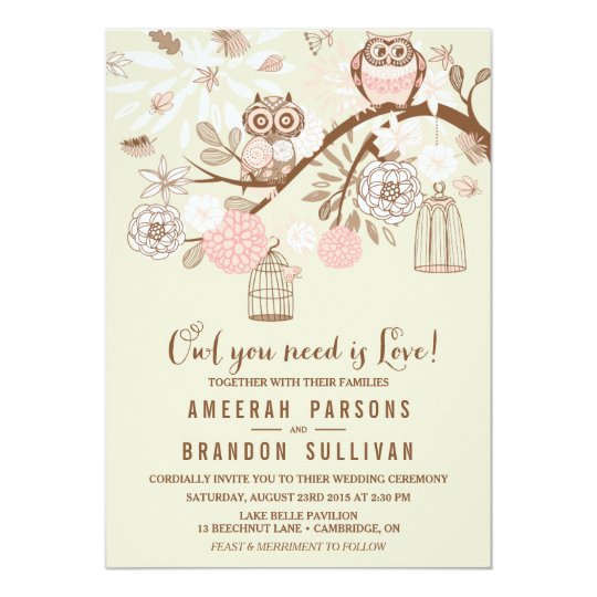 own wedding invitations, tree and birdcage wedding invitation, owl and tree wedding invitation, Owl You Need Is Love Pink Owls Wedding Invitation
