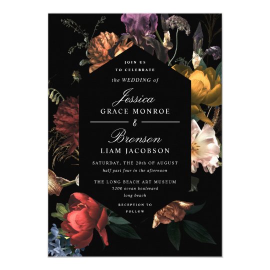 wedding invitations, floral wedding invitations, black floral wedding invitations, Dark Moody Romantic Floral Dutch Painterly Wedding Invitation, black wedding invitations