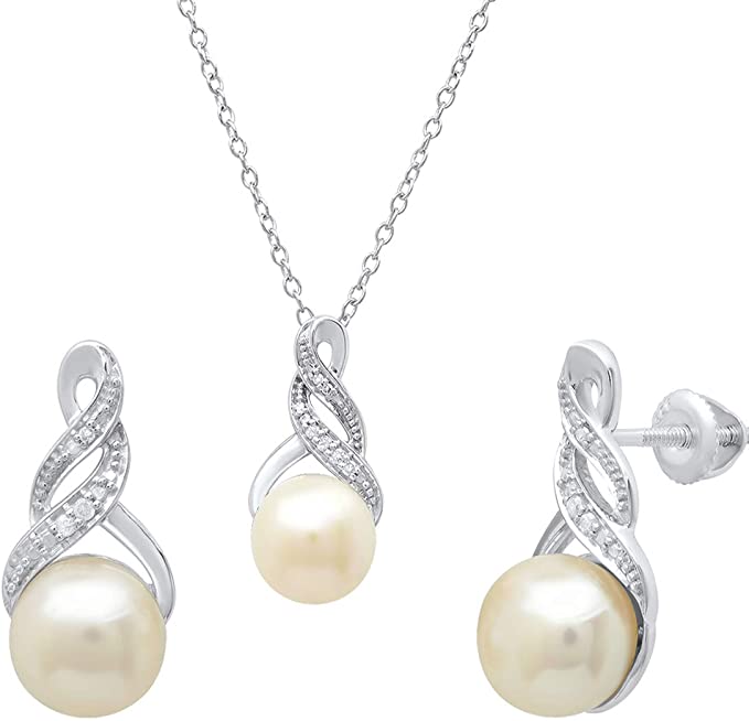 Round Freshwater Pearl & Diamond Accent Ladies Stud Earring & Pendant Set