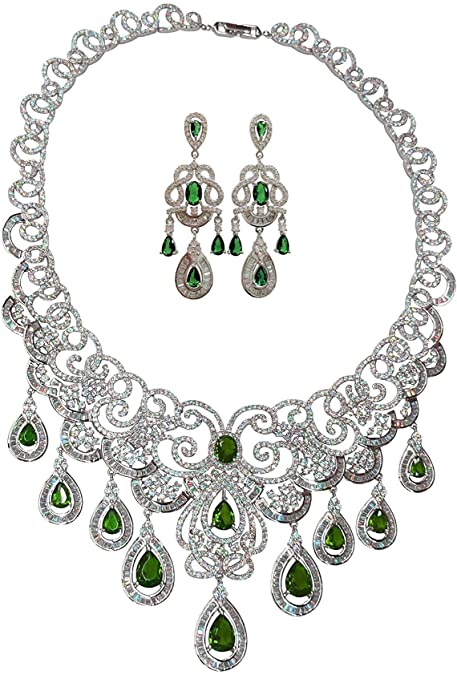 Sterling Silver Wedding Crystal CZ Green Statement Jewelry Set with Simulated Gemstone Crystals
